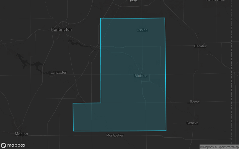 Map of Wells County, Indiana showing the county boundary and surrounding cities