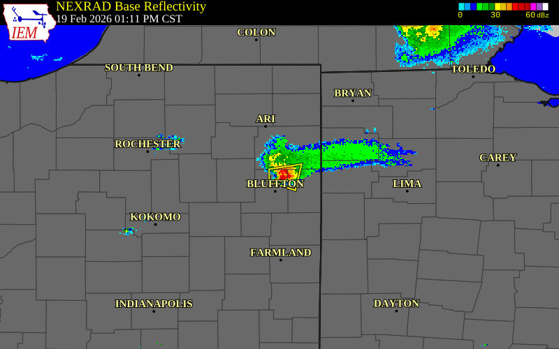 NEXRAD radar during the Thursday, February 19, 2026 storm activity in Wells County, Indiana
