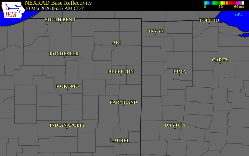 NEXRAD radar during the Tuesday, March 10, 2026 storm activity in Wells County, Indiana