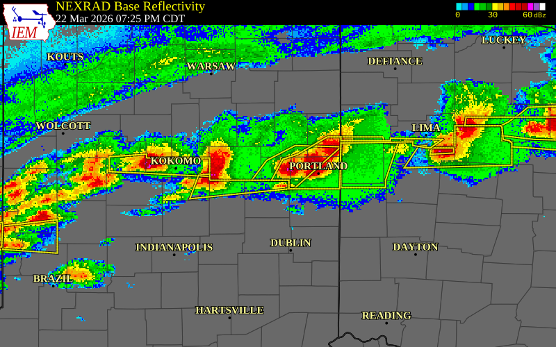 NEXRAD radar during the Sunday, March 22, 2026 storm activity in Wells County, Indiana