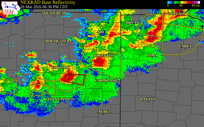 NEXRAD radar during the Thursday, March 26, 2026 storm activity in Wells County, Indiana