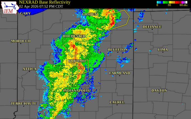 NEXRAD radar during the Thursday, April 2, 2026 storm activity in Wells County, Indiana