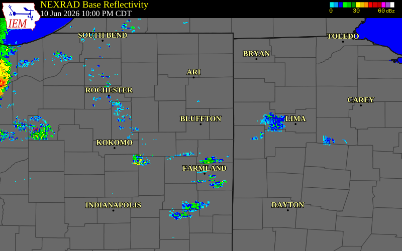 NEXRAD radar during the Wednesday, June 10, 2026 storm activity in Wells County, Indiana