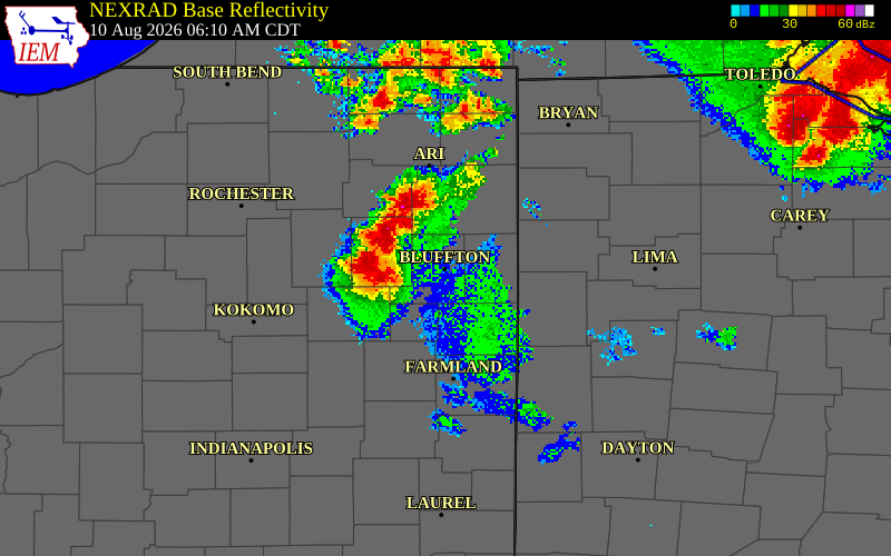NEXRAD radar during the Monday, August 10, 2026 storm activity in Wells County, Indiana