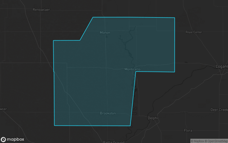 Map of White County, Indiana showing the county boundary and surrounding cities