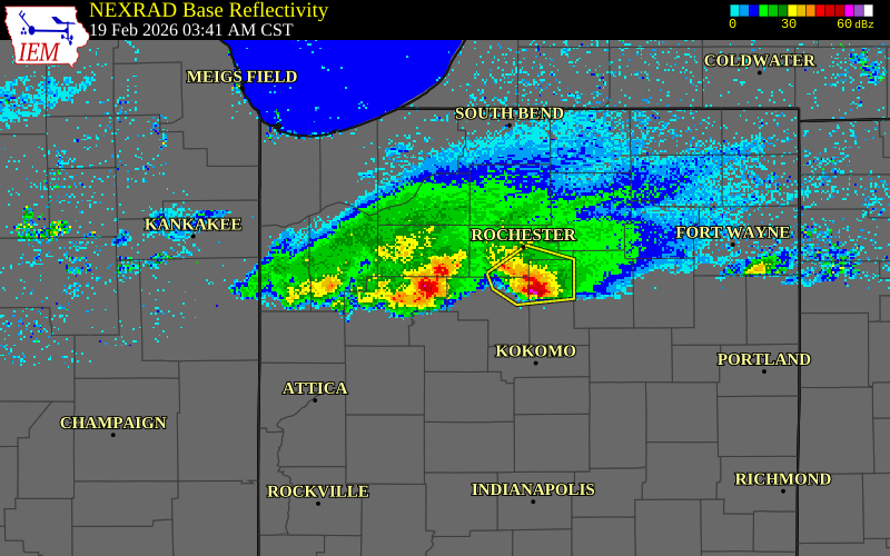 NEXRAD radar during the Thursday, February 19, 2026 storm activity in White County, Indiana