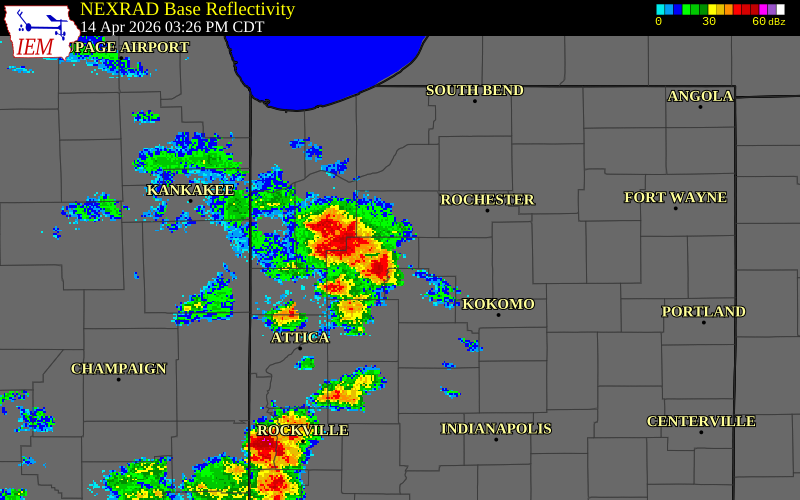 NEXRAD radar during the Tuesday, April 14, 2026 storm activity in White County, Indiana