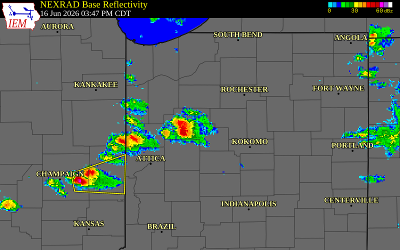 NEXRAD radar during the Tuesday, June 16, 2026 storm activity in White County, Indiana