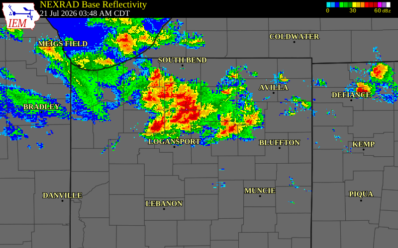 NEXRAD radar during the Tuesday, July 21, 2026 storm activity in White County, Indiana