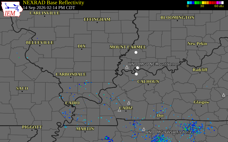 Current NEXRAD radar over White County, Indiana with recent storm report locations