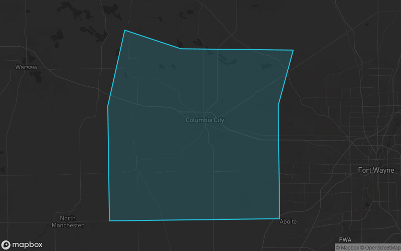 Map of Whitley County, Indiana showing the county boundary and surrounding cities