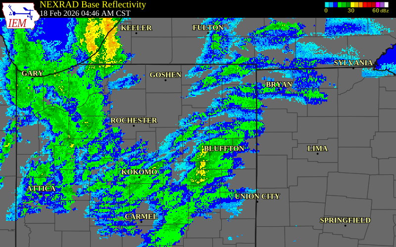 NEXRAD radar during the Wednesday, February 18, 2026 storm activity in Whitley County, Indiana