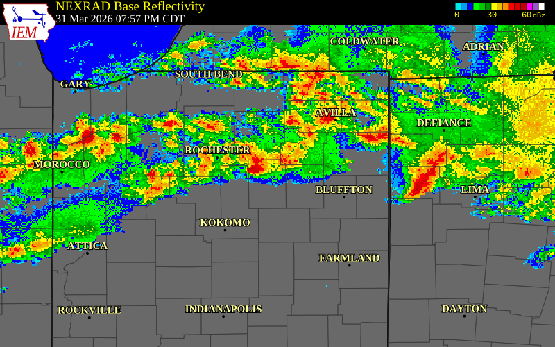 NEXRAD radar during the Tuesday, March 31, 2026 storm activity in Whitley County, Indiana