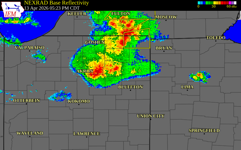 NEXRAD radar during the Monday, April 13, 2026 storm activity in Whitley County, Indiana