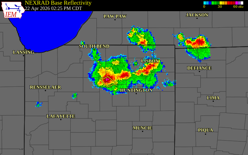 NEXRAD radar during the Wednesday, April 22, 2026 storm activity in Whitley County, Indiana