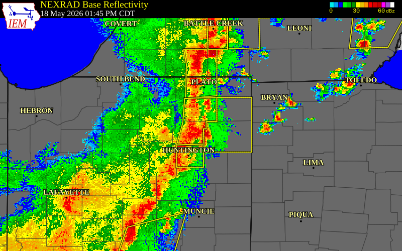 NEXRAD radar during the Monday, May 18, 2026 storm activity in Whitley County, Indiana