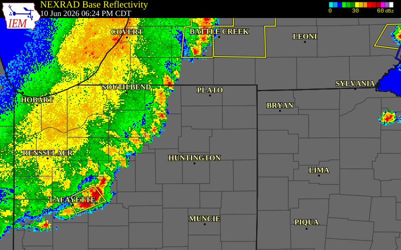 NEXRAD radar during the Wednesday, June 10, 2026 storm activity in Whitley County, Indiana