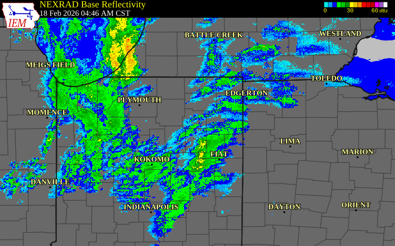 Radar snapshot during the Feb 18, 2026 hail event near 1 ENE Peabody, Whitley County, Indiana, with NWS warning polygons