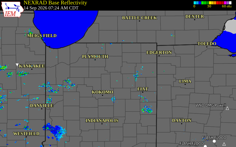 Current NEXRAD radar over Whitley County, Indiana with recent storm report locations