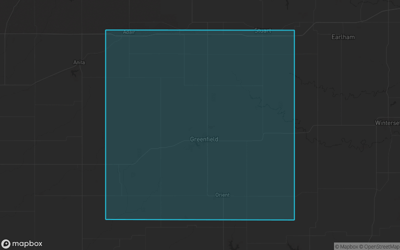 Map of Adair County, Iowa showing the county boundary and surrounding cities
