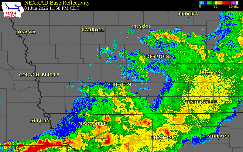 NEXRAD radar during the Thursday, June 4, 2026 storm activity in Adair County, Iowa