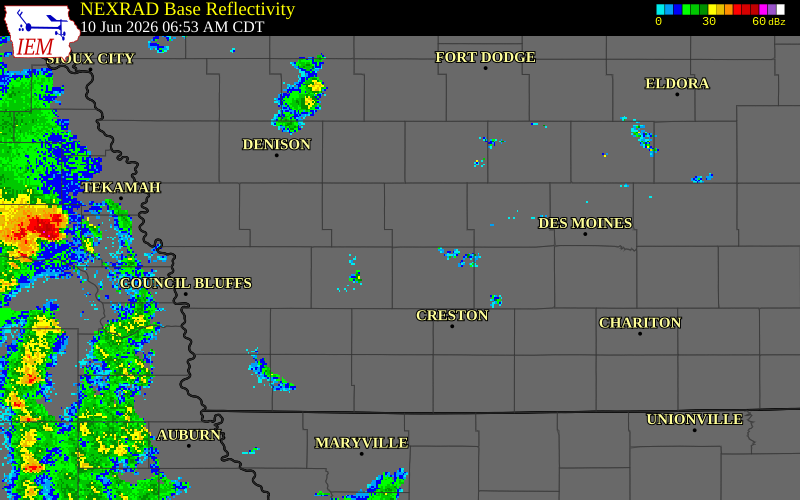 NEXRAD radar during the Wednesday, June 10, 2026 storm activity in Adair County, Iowa