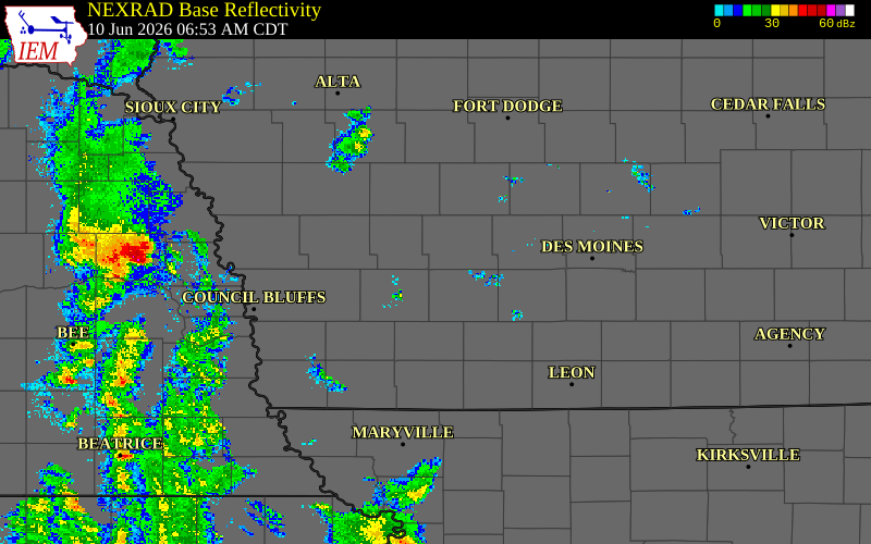 Radar snapshot during the Jun 10, 2026 wind event near 1 SW Adair, Adair County, Iowa, with NWS warning polygons