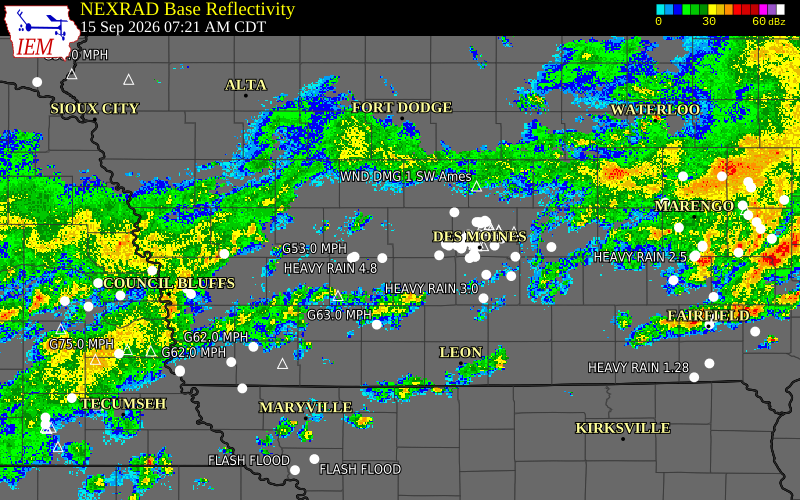 Current NEXRAD radar over Adair County, Iowa with recent storm report locations