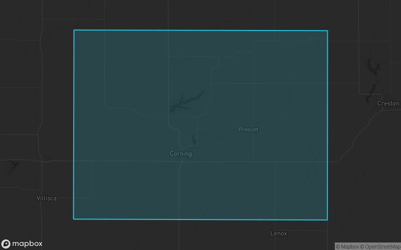 Map of Adams County, Iowa showing the county boundary and surrounding cities