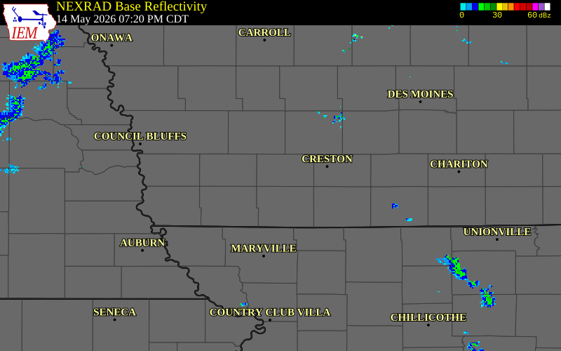 NEXRAD radar during the Thursday, May 14, 2026 storm activity in Adams County, Iowa