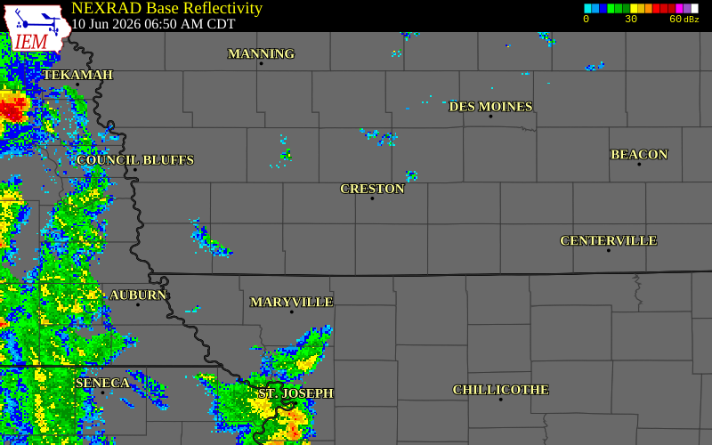 NEXRAD radar during the Wednesday, June 10, 2026 storm activity in Adams County, Iowa