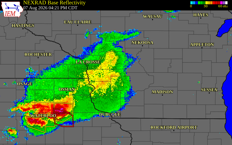 Radar snapshot during the Aug 7, 2026 wind event near Adams County, Adams County, Iowa, with NWS warning polygons