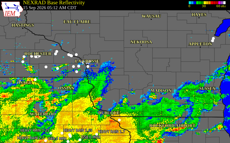 Current NEXRAD radar over Adams County, Iowa with recent storm report locations