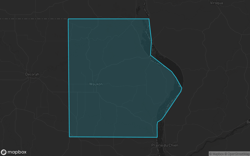 Map of Allamakee County, Iowa showing the county boundary and surrounding cities