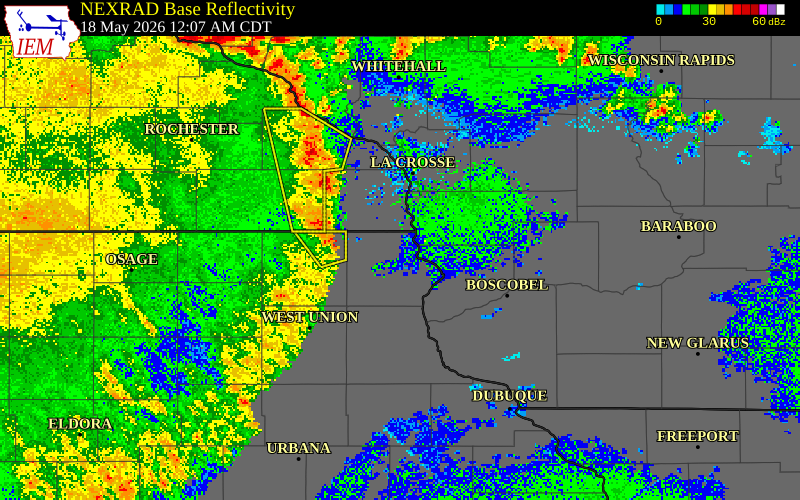 NEXRAD radar during the Monday, May 18, 2026 storm activity in Allamakee County, Iowa