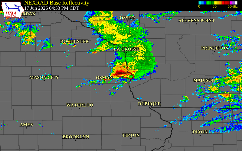 Radar snapshot during the Jun 17, 2026 tornado event near 2 WNW Elon, Allamakee County, Iowa, with NWS warning polygons
