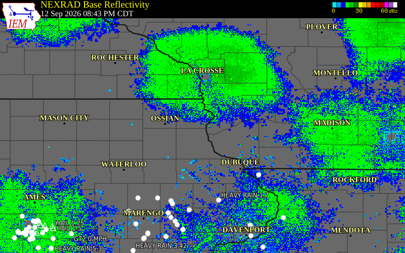Current NEXRAD radar over Allamakee County, Iowa with recent storm report locations
