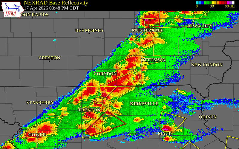 NEXRAD radar during the Friday, April 17, 2026 storm activity in Appanoose County, Iowa