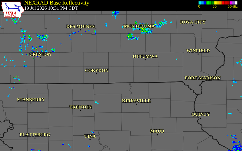 NEXRAD radar during the Sunday, July 19, 2026 storm activity in Appanoose County, Iowa
