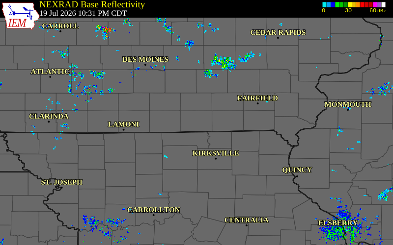 Radar snapshot during the Jul 19, 2026 wind event near Centerville, Appanoose County, Iowa, with NWS warning polygons