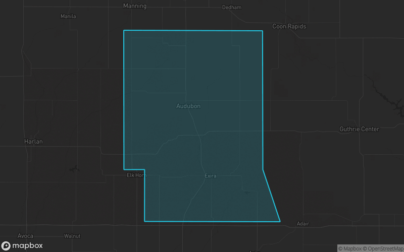 Map of Audubon County, Iowa showing the county boundary and surrounding cities