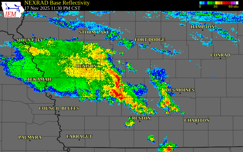 NEXRAD radar during the Monday, November 17, 2025 storm activity in Audubon County, Iowa