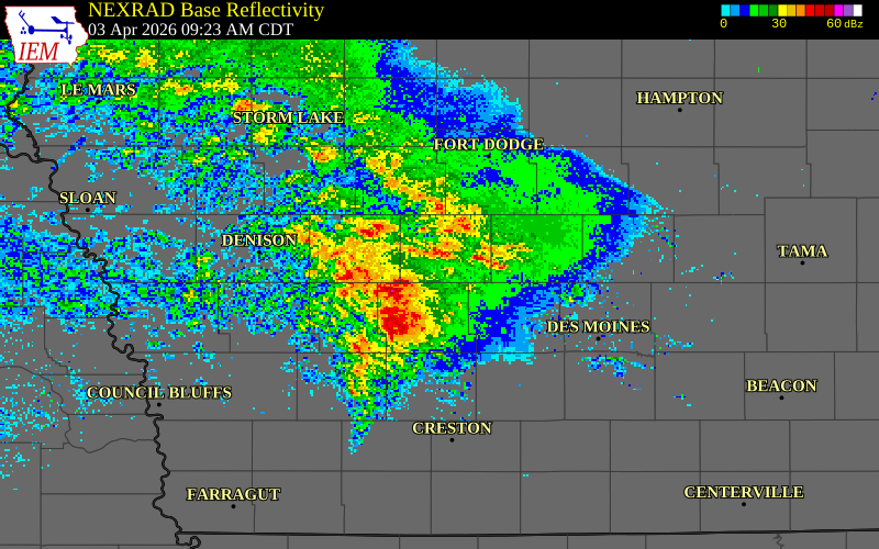 NEXRAD radar during the Friday, April 3, 2026 storm activity in Audubon County, Iowa