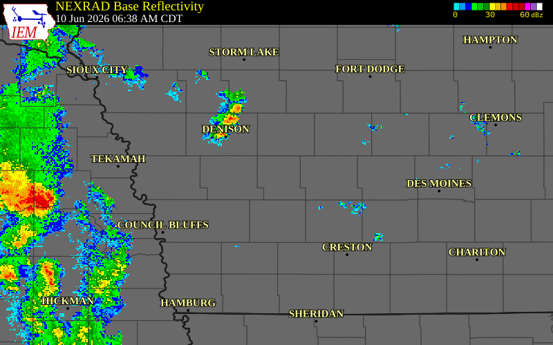 NEXRAD radar during the Wednesday, June 10, 2026 storm activity in Audubon County, Iowa