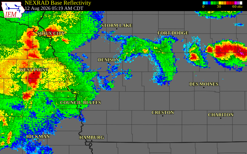 NEXRAD radar during the Wednesday, August 12, 2026 storm activity in Audubon County, Iowa