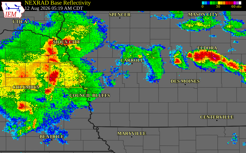 Radar snapshot during the Aug 12, 2026 wind event near 7 SW Gray, Audubon County, Iowa, with NWS warning polygons