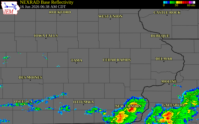 NEXRAD radar during the Tuesday, June 16, 2026 storm activity in Benton County, Iowa