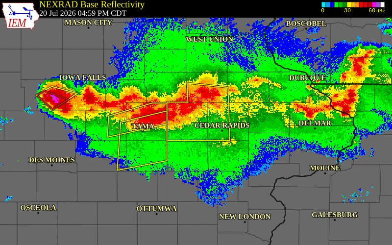 NEXRAD radar during the Monday, July 20, 2026 storm activity in Benton County, Iowa