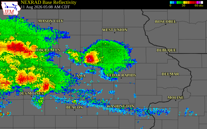 NEXRAD radar during the Tuesday, August 11, 2026 storm activity in Benton County, Iowa
