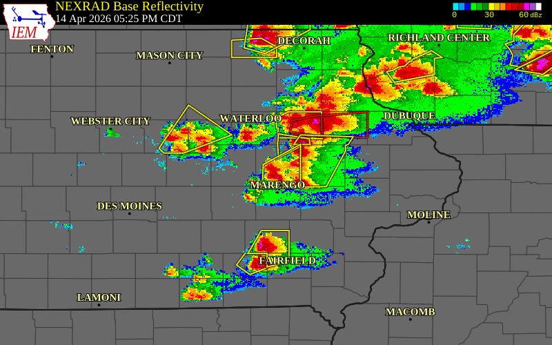 Radar snapshot during the Apr 14, 2026 hail event near Van Horne, Benton County, Iowa, with NWS warning polygons